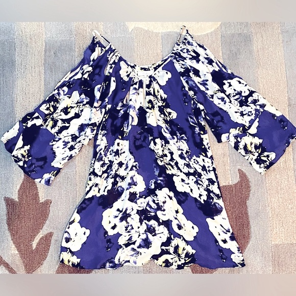 Parker Agave Indigo Floral Cold Shoulder Bell Sleeve Silk Mini Dress/Tunic Top - Picture 7 of 7